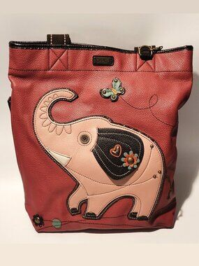 Chala Tote Handbag Purse Shoulder Bag Pink Brown Elephant Flowers Butterfly